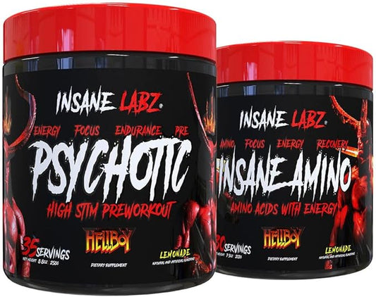 Insane Labz Hellboy Bundle, Psychotic Hellboy Pre Workout and Insane Amino BCAA, Increase Muscle Mass, Strength, Focus and Recovery Time, Lemonade