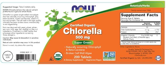 Now Foods Chlorella 500 mg, 200 Tablets (Pack of 2)