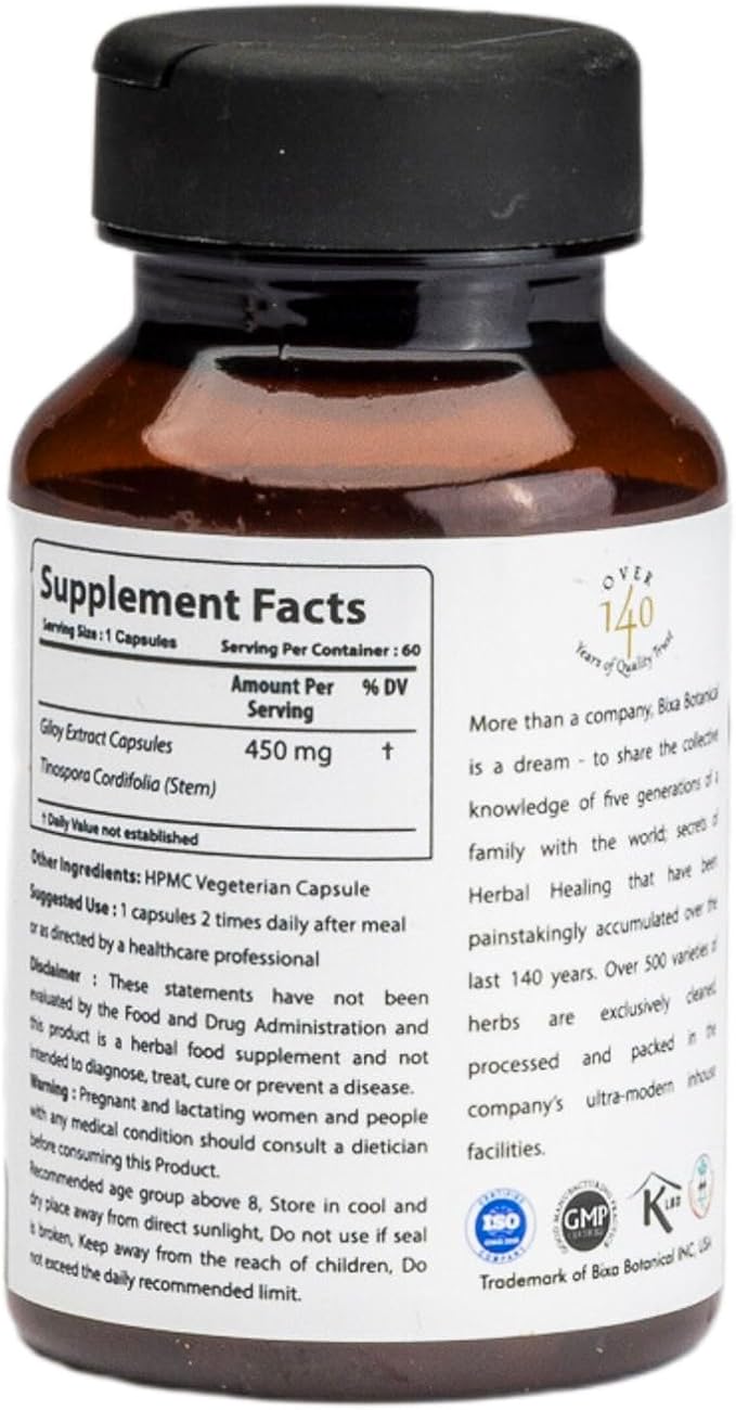 bixa BOTANICAL Ayurvedic Natural Herbal Supplement Guduchi Extract Caplsules | Giloy | Tinospora Cordifolia | 450 Mg Veg Capsules 60 Count (Pack of 1)