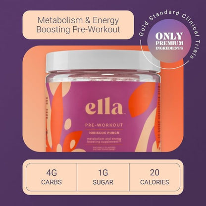 Naked Ella Pre Workout Powder, Hibiscus Punch Amino Energy with Vegan BCAA Amino Acids, Natural Caffeine, Preworkout Boost for Men & Women, 30 Servings