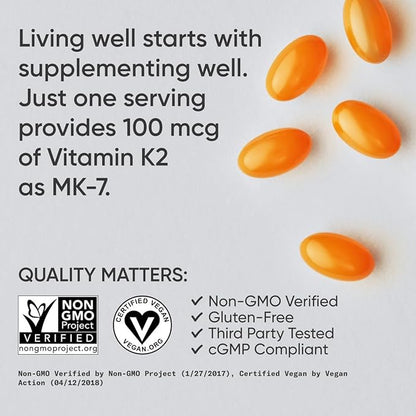 Sports Research® Vitamin K2 as MK-7 100mcg with Coconut MCT Oil - 120 Veggie Softgels (4 Month Supply) Vegan Certified, Non-GMO Verified, Gluten & Soy Free