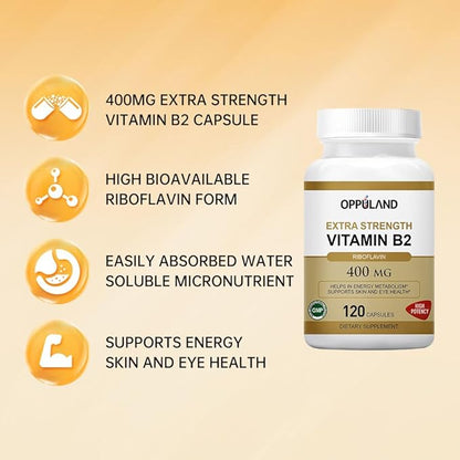 Riboflavin Vitamin B2 Supplement - B-2 Vitamin - Boosts Energy Metabolism & Cellular Function - Daily Nutritional Supplements for Men & Women - 400 mg Capsules - 120 Counts