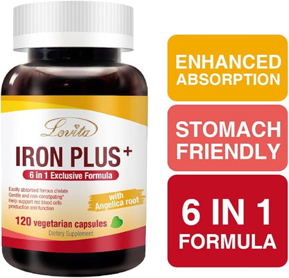 Lovita Iron 18 mg, 6 in 1 Iron Supplement for Women, Iron with Vitamin C, Dong Quai & B12, Vegan Iron Vitamin to Support Red Blood Cell Production Without Constipation, 120 Capsules