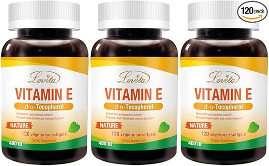 Lovita Vitamin E 400 IU Softgels, Natural 268 mg (as D Alpha Tocopherol), Vegan Vitamin E for Healthy Skin, Hair, Nails & Immune System Support, 120 Vegetarian Softgels (Pack of 3)