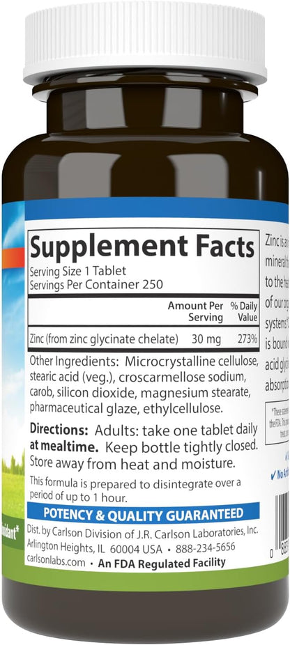 Carlson - Chelated Zinc, 30 mg, Chelated Zinc Supplement, Zinc Glycinate Chelate, Superior Absorption, Immune Support & Enzyme Function, Zinc Tablets, Antioxidant, 250 Tablets
