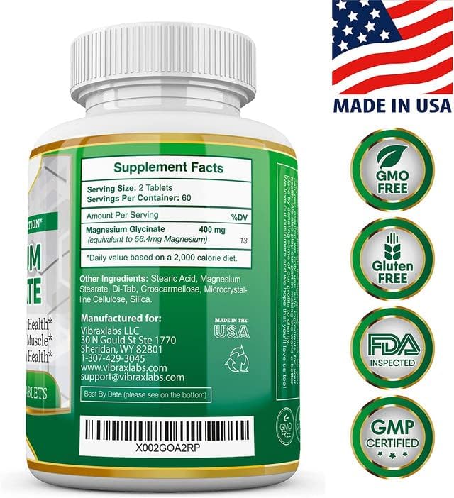 Magnesium Glycinate Supplement, 400mg, for Men & Women, for Stress, Energy, Muscle Cramps, Joint Support, Chelated, High-Absorption, Non-Laxative, Gluten-Free