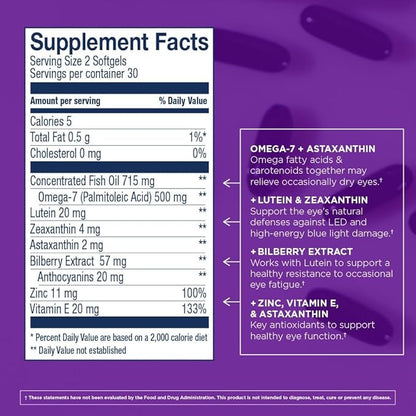 Wiley's Finest Wild Alaskan Fish Oil Bold Vision - Fish Oil Eye Health Supplement with Lutein, Zeaxanthin, Bilberry, Omega-7, Vitamin E, and Zinc - 60 Softgels (30 Servings)