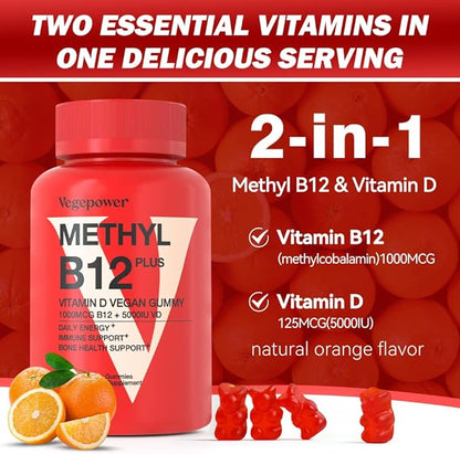 Vegan Vitamin B12 Gummies with Vitamin D - 90 Count I 1000 MCG Methyl B12 & D3 5000 IU Chewable Gummies Supplements for Adults & Kids - Supports Bone Health & Daily Energy Boost - Non-GMO, Orange