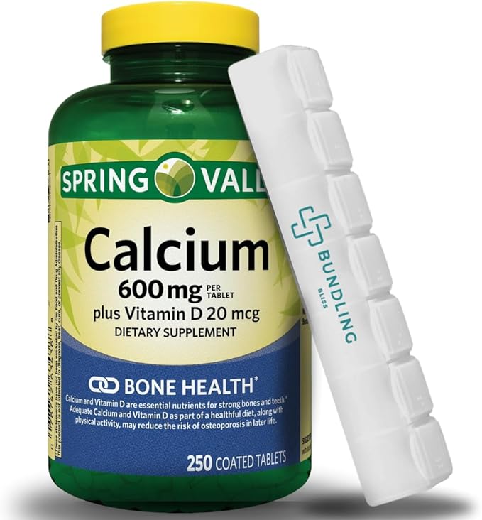 Spring Valley Calcium 600mg Plus Vitamin D, Dietary Supplement Tablets, 250 Count + Bundling Bliss 7 Day Pill Organizer Included - 1 Pack