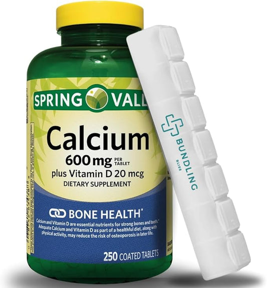 Spring Valley Calcium 600mg Plus Vitamin D, Dietary Supplement Tablets, 250 Count + Bundling Bliss 7 Day Pill Organizer Included - 1 Pack