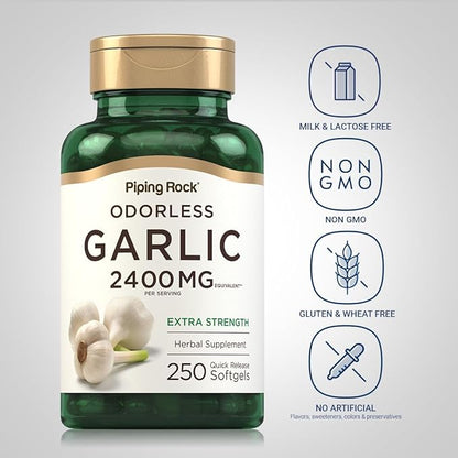 Piping Rock Odorless Garlic Softgels 2400mg | 250 Pills | High Potency Extract | Herbal Supplement | Non-GMO, Gluten Free