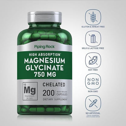 Piping Rock Magnesium Glycinate | 750mg | 200 Capsules | High Absorption | Chelated | Non-GMO and Gluten Free Supplement