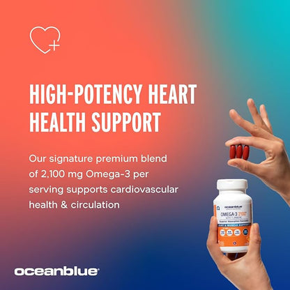 Oceanblue Professional Omega-3 2100 with Turmeric - 60 Count - Triple Strength Burpless Fish Oil for Heart Health, Joint Support Supplement - 20 Servings