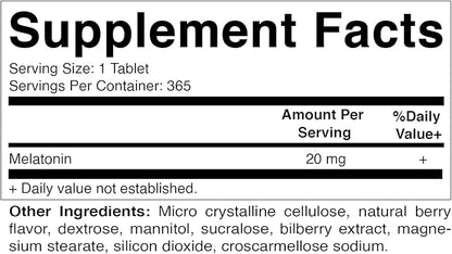 Vitamatic Melatonin 20 mg Tablets | Vegetarian, Non-GMO, Gluten Free | 1 Year Supply | Natural Berry Flavor - 365 Tablets