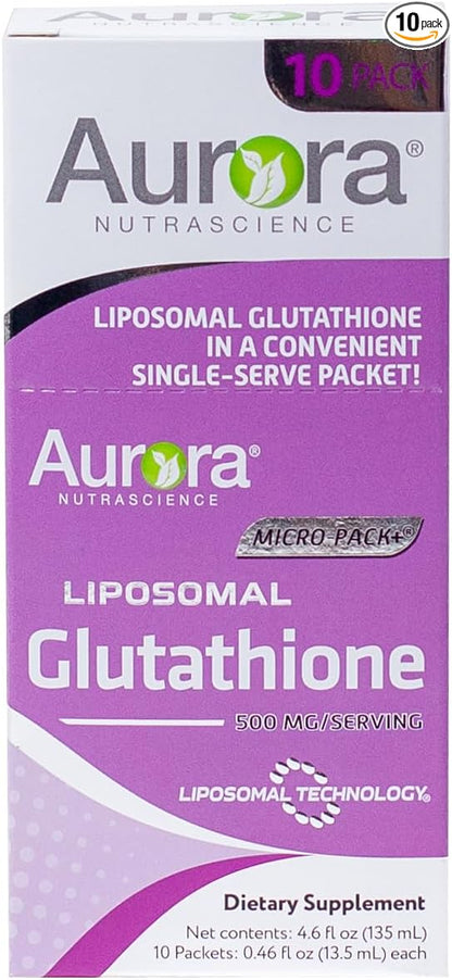 Aurora Nutrascience Micro-Liposomal Liquid Glutathione, Immune & Antioxidant Gut Health Support Supplement, 500 mg per Serving, Gluten Free, Non-GMO, Sugar-Free, 10 Single-Serve Packets