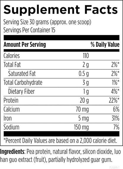 Designs for Health PurePea - 20g Vegan Pea Protein, Non-GMO Natural Drink Mix Powder Supplement, Vanilla (15 Servings / 450g)