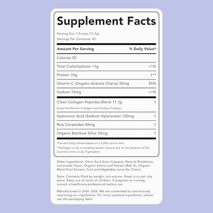 Clean Simple Eats BlackBerry Lemonade Super Collagen, Grass-Fed, Hydrolyzed Types I, II, & III Collagen, 30 Servings