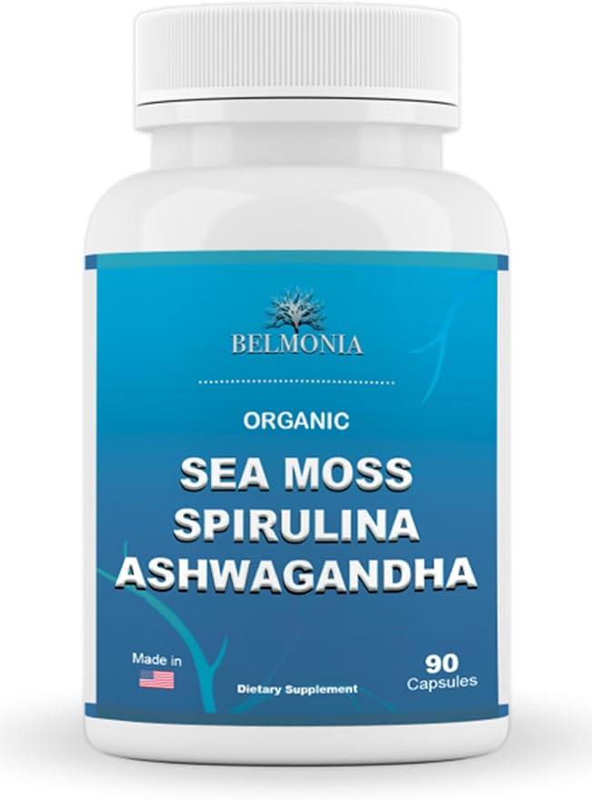 Sea Moss Capsules with Spirulina and Ashwagandha Capsules, 100% Organic Irish Moss, Strength & Endurance- High Potency Sea Moss Supplement, 90 Count Made in USA, Superfood Supplements