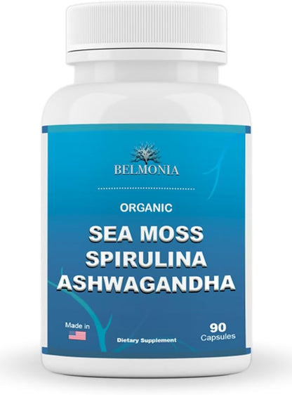 Sea Moss Capsules with Spirulina and Ashwagandha Capsules, 100% Organic Irish Moss, Strength & Endurance- High Potency Sea Moss Supplement, 90 Count Made in USA, Superfood Supplements