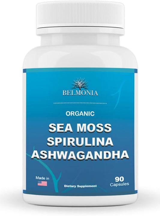 Sea Moss Capsules with Spirulina and Ashwagandha Capsules, 100% Organic Irish Moss, Strength & Endurance- High Potency Sea Moss Supplement, 90 Count Made in USA, Superfood Supplements