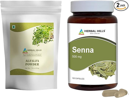 HERBAL HILLS Alfalfa Leaf Powder and Senna Capsules Pack of 2 Combo
