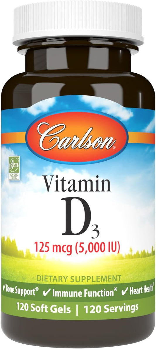 Carlson - Vitamin D3 5000 IU (125 mcg), Bone Health, Muscle Health, Cholecalciferol, Vitamin D Supplements, Vitamin D3 Soft Gels, 120 Softgels