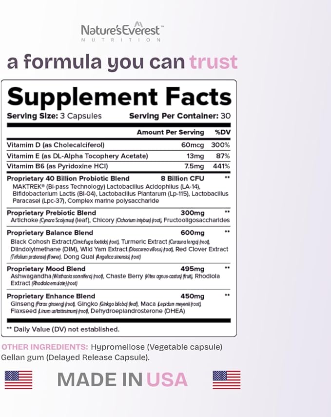 Complete Menopause Supplement for Women – Supports Hormone Balance, Hot Flashes, Night Sweats & Mood – with DIM, Black Cohosh, Dong Quai, Chasteberry, Pre & Probiotics – 90 Capsules – Made in USA