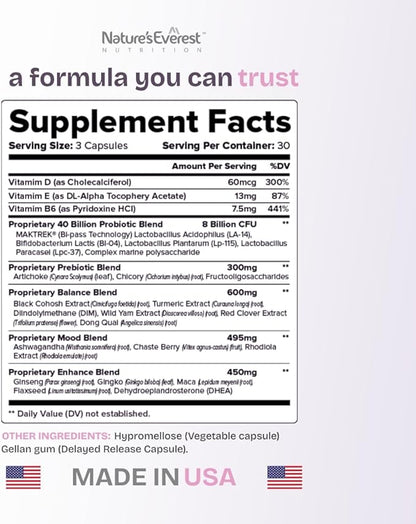 Complete Menopause Supplement for Women – Supports Hormone Balance, Hot Flashes, Night Sweats & Mood – with DIM, Black Cohosh, Dong Quai, Chasteberry, Pre & Probiotics – 90 Capsules – Made in USA