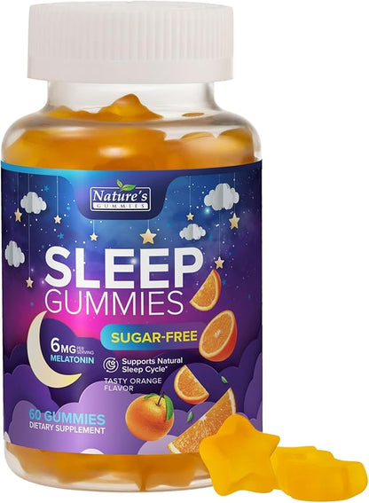Sleep Gummies for Adults 6mg - Sugar Free Extra Strength Melatonin Gummy, Natural Sleeping Gummy for Adults, Kids, Orange Flavored, Vegan, Non-GMO, Sleep Vitamin Support Supplement - 60 Gummies