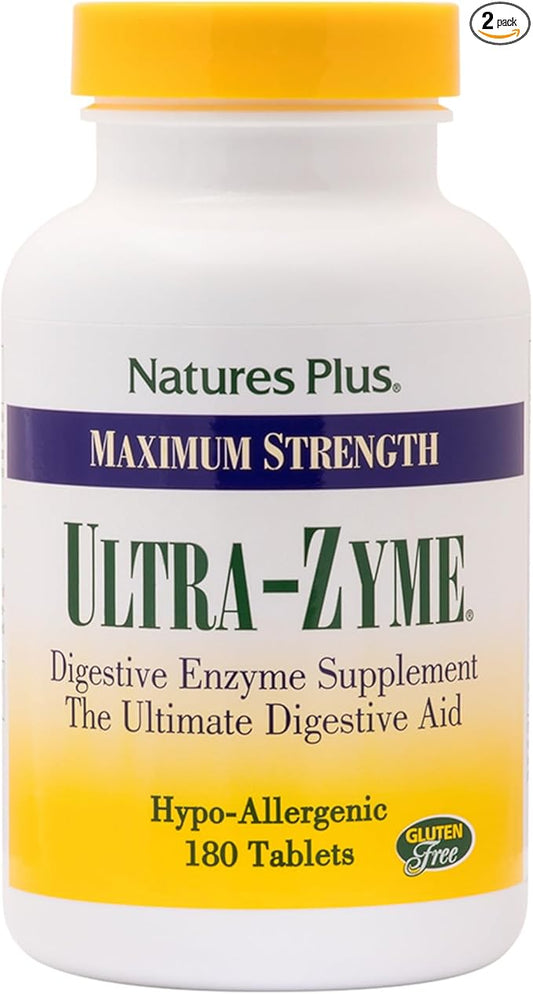 Natures Plus Ultra-Zyme - 180 Tablets, Pack of 2 - Maximum Strength Digestive Enzyme Supplement with Acidophilus & Glutamic Acid - Gluten Free - 180 Total Servings