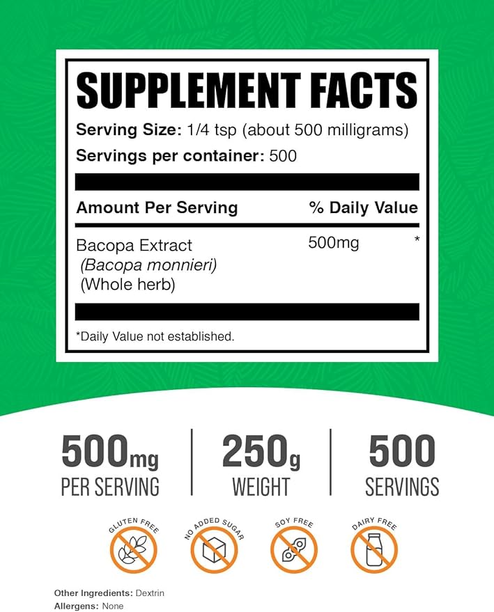 BulkSupplements.com Bacopa Extract Powder - Bacopa Monnieri Supplement, Herbal Supplement - Vegan & Gluten Free, 500mg per Serving, 250g (8.8 oz) (Pack of 1)