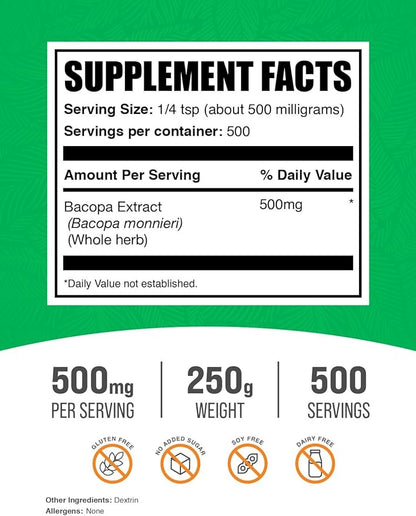 BulkSupplements.com Bacopa Extract Powder - Bacopa Monnieri Supplement, Herbal Supplement - Vegan & Gluten Free, 500mg per Serving, 250g (8.8 oz) (Pack of 1)