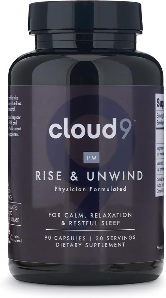Cloud9 Rise & Unwind PM - Nighttime Wellness Supplement for Relaxation & Rest - Sleep Support Supplement with Herbal & Vitamin Blend for Calm, Restful Sleep - 90 Capsules, 60g