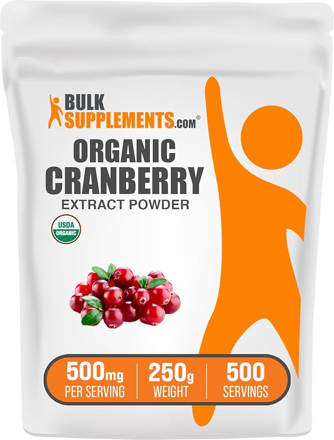 BulkSupplements.com Organic Cranberry Extract Powder - Cranberry Supplements for Women & Men, Cranberry Extract 500mg - Vegan & Gluten Free, 500mg per Serving, 250g (8.8 oz) (Pack of 1)