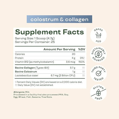 Bloom Nutrition Bovine Colostrum Powder for Gut Health, Immune Support, Hair Growth & Beauty Supplement, Gluten Free, Sugar Free | Unflavored, 25 Servings