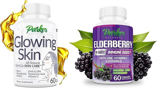 Organic Elderberry Capsules & Glowing Skin Supplement Bundle, 120 Caps Elderberry with Vitamin C & Zinc and Glutathione & Hyaluronic Acid Supplements