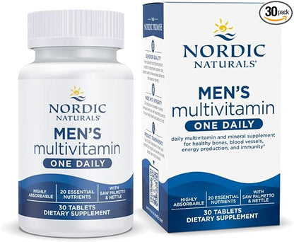 Nordic Naturals Men’s Multivitamin One Daily - Bone, Energy, & Blood-Vessel Support - Immunity Supplement - 20 Essential Nutrients - 30 Tablets - 30 Servings