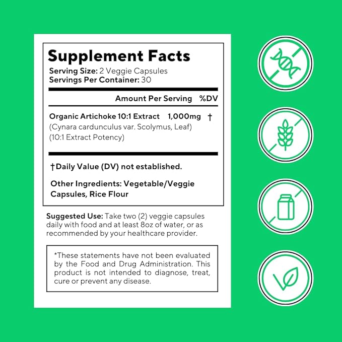 Organic Artichoke Leaf Extract for Healthy Digestion, Liver Health & Functions, Antioxidant Support - 10:1 Ratio & 60 Veggie Capsules - Non-GMO, Gluten-Free, Vegan-Friendly