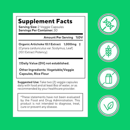 Organic Artichoke Leaf Extract for Healthy Digestion, Liver Health & Functions, Antioxidant Support - 10:1 Ratio & 60 Veggie Capsules - Non-GMO, Gluten-Free, Vegan-Friendly