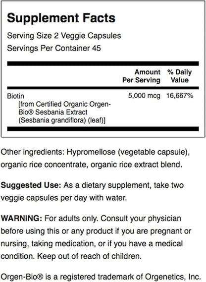Swanson Real Food Biotin Vitamin B-7 Hair Skin Nail Metabolism Health from Organic Hummingbird Tree Extract Vegan Gluten-Free Non-GMO B7 5000 mcg 90 Veggie Capsules (Caps)