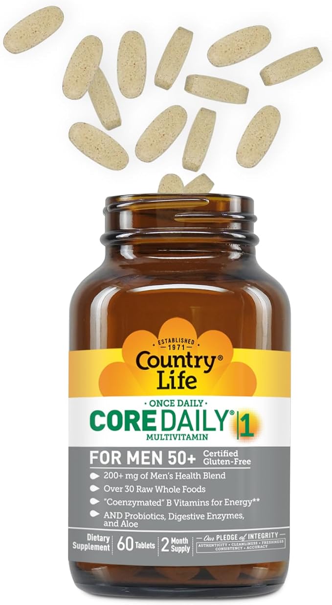 Country Life CORE Daily-1 Multivitamin for Men 50+ - Gluten-Free, Energy Support with Coenzymated B Vitamins, Probiotics, Whole Food and Digestive Enzymes, Certified Gluten Free, 60 Tablets