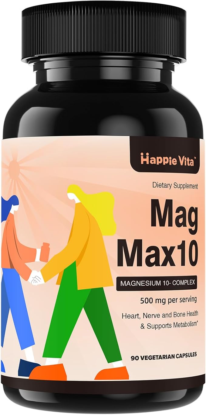 MagMax10 Magnesium Complex Supplement 500mg, 10 Forms of Magnesium: Glycinate, Malate, Citrate and More - Maximized Absorption for Sleep, Muscle, Heart and Brain Health - 90 Capsules