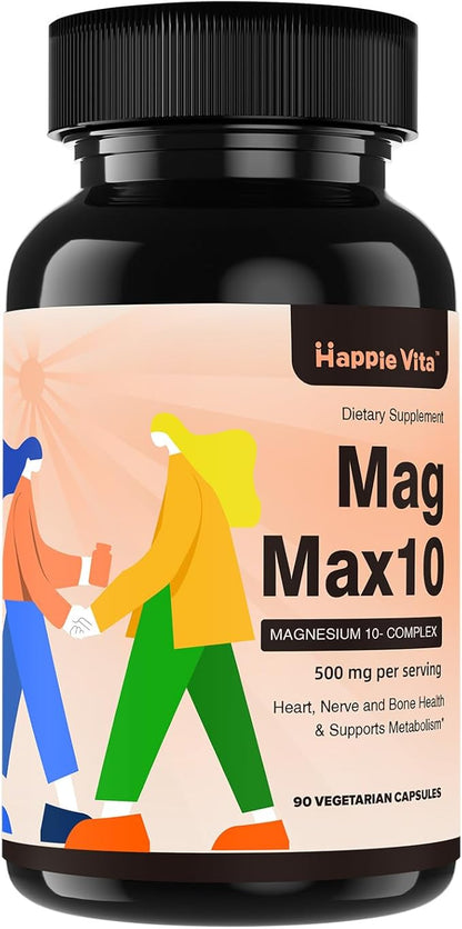 MagMax10 Magnesium Complex Supplement 500mg, 10 Forms of Magnesium: Glycinate, Malate, Citrate and More - Maximized Absorption for Sleep, Muscle, Heart and Brain Health - 90 Capsules