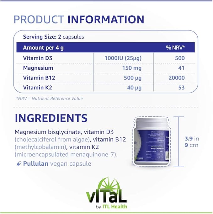 Vegan Vitamin D3 Plus with Magnesium, B12, K2 - High Potency Food-Based Immune Support, Bone Health & Mood Balance Supplement - 60 Easy-to-Swallow Capsules for Adults and Kids