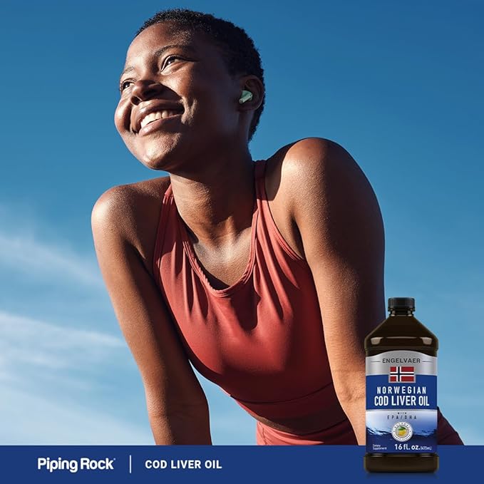 Piping Rock Cod Liver Oil Liquid | 16 fl oz | with EPA and DHA | Engelvaer Norwegian | Lemon Flavor | Non GMO, Gluten Free Supplement