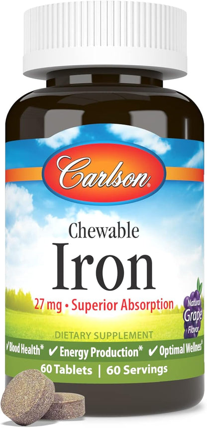 Carlson - Chewable Iron, 27 mg - Superior Absorption, Blood Health, Energy Production & Optimal Wellness, Grape, 60 tablets