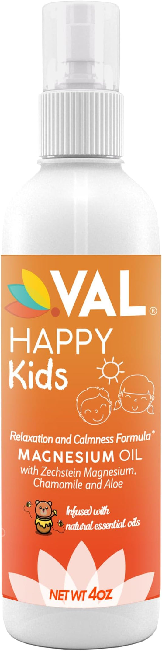 VAL Magnesium Oil Spray for Kids | Relaxation for Daytime & Bedtime | Calm & Mood Support | Zechstein Magnesium Chloride, Chamomile, Aloe & Essential Oils | No Itch, Fast-Absorbing | USA Made | 4oz