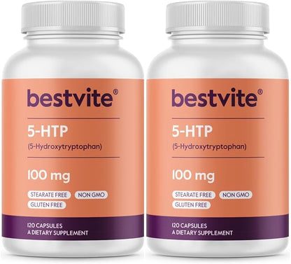 BESTVITE 5-HTP 100mg (240 Capsules) (120 x 2) - No Stearates or Flow Agents - Gluten Free - Non GMO