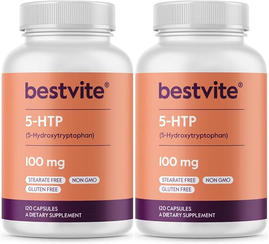 BESTVITE 5-HTP 100mg (240 Capsules) (120 x 2) - No Stearates or Flow Agents - Gluten Free - Non GMO