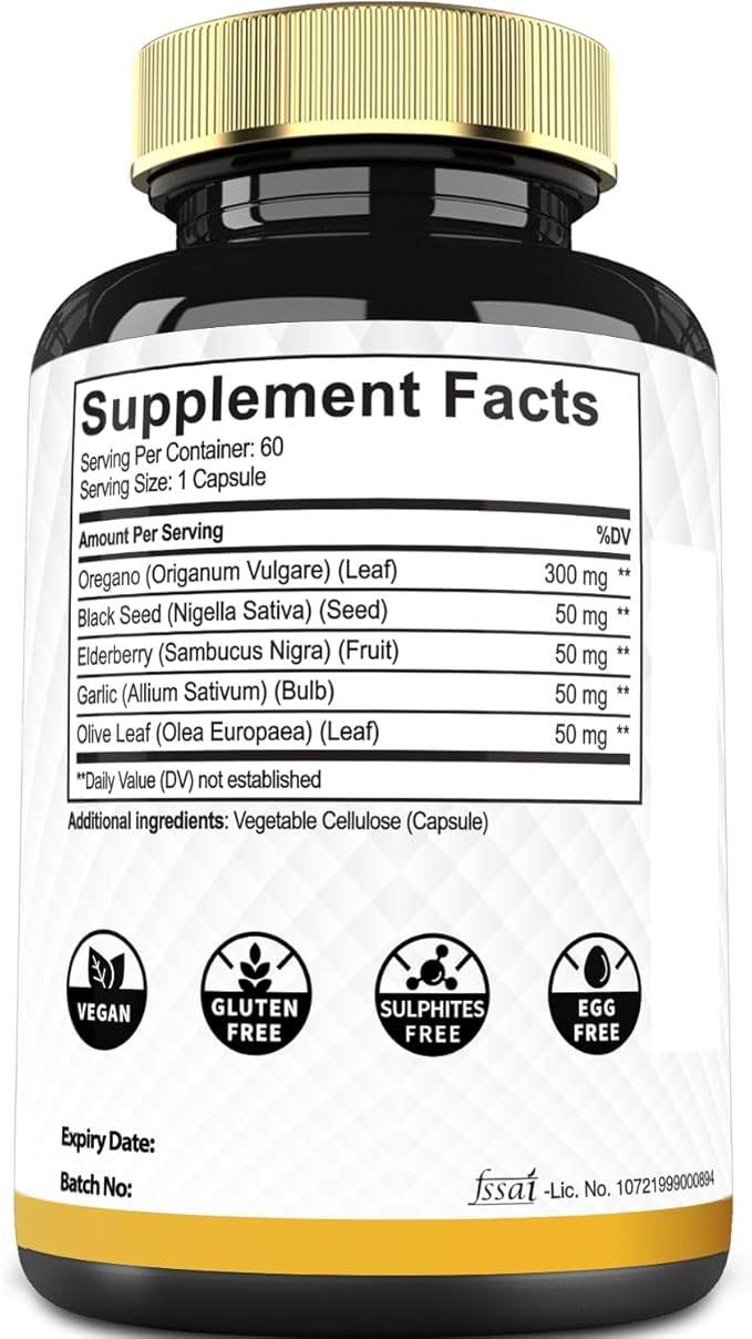 5in1 Oregano Capsules with Oregano Leaves and Black Seed, Elderberry, Garlic Bulb, and Olive - Support Immune & Digestive Health for Men and Women - 60 Count for 2 Months Supply